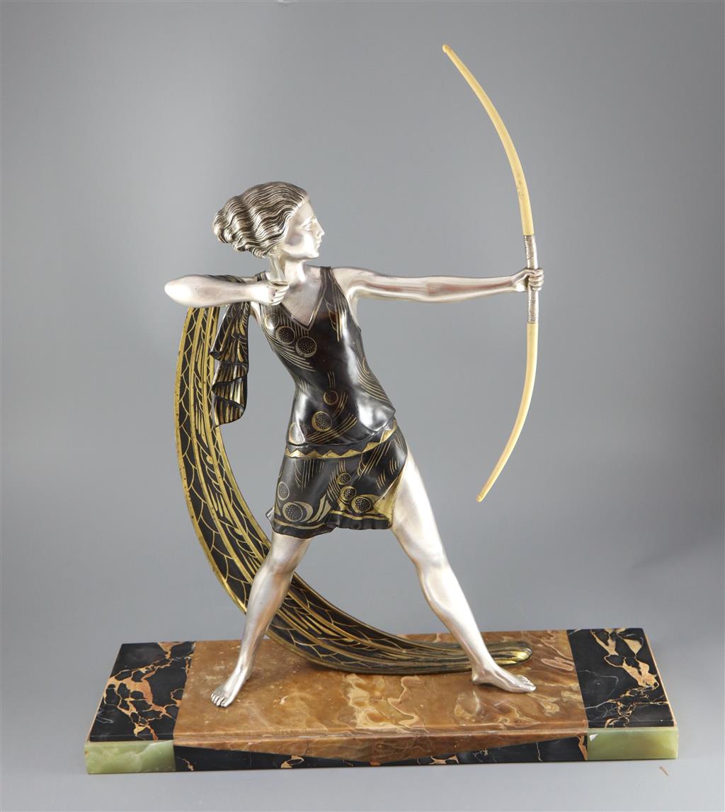 Lucien Gibert (1904-1988) - an Art Deco silvered spelter figure of a female archer, H. 26.5in. W. 22.5in.